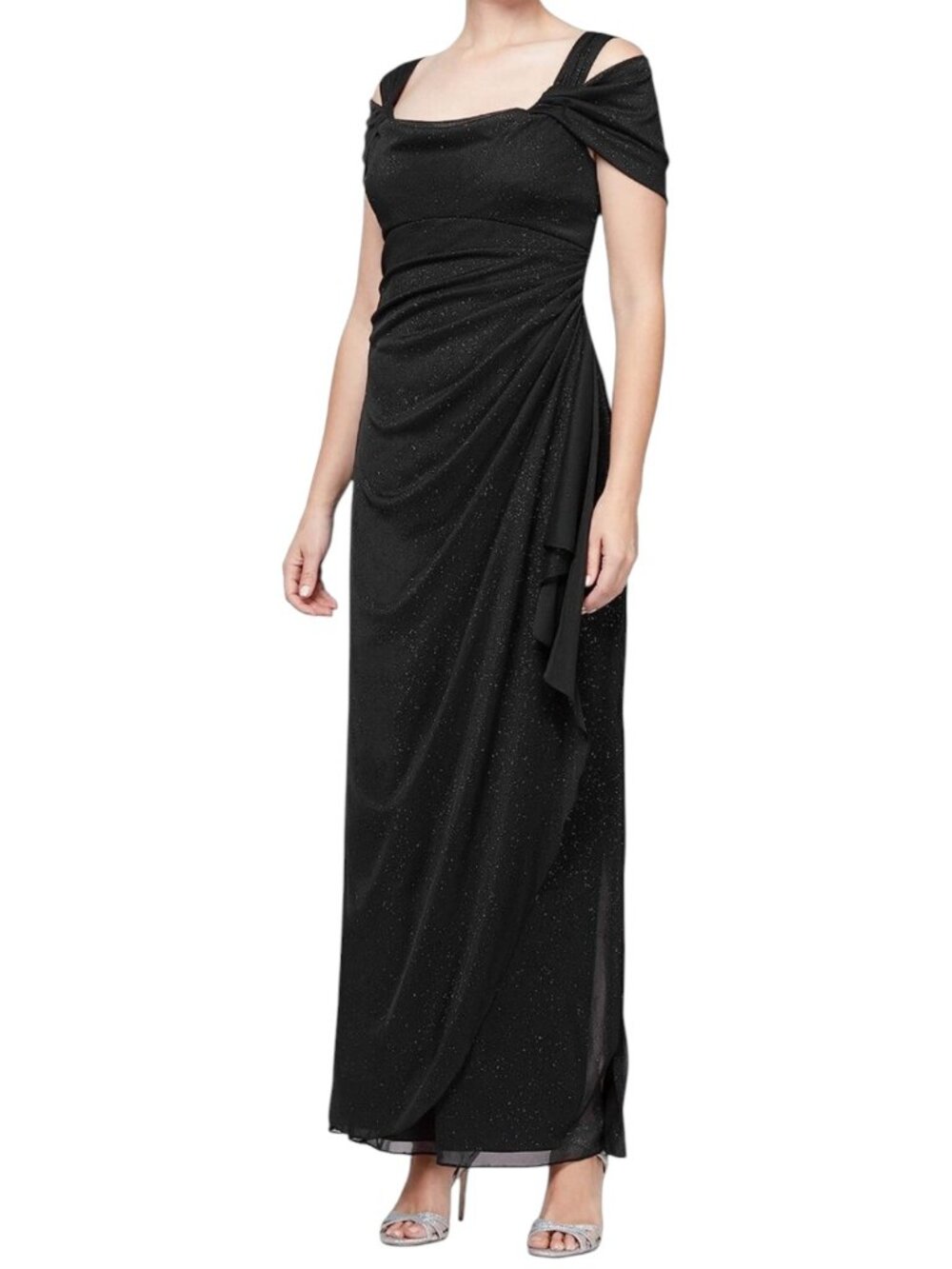 ALEX EVENINGS Glitter Mesh Black Gown Maxi Sleeveless Floor-Length Evening Gown